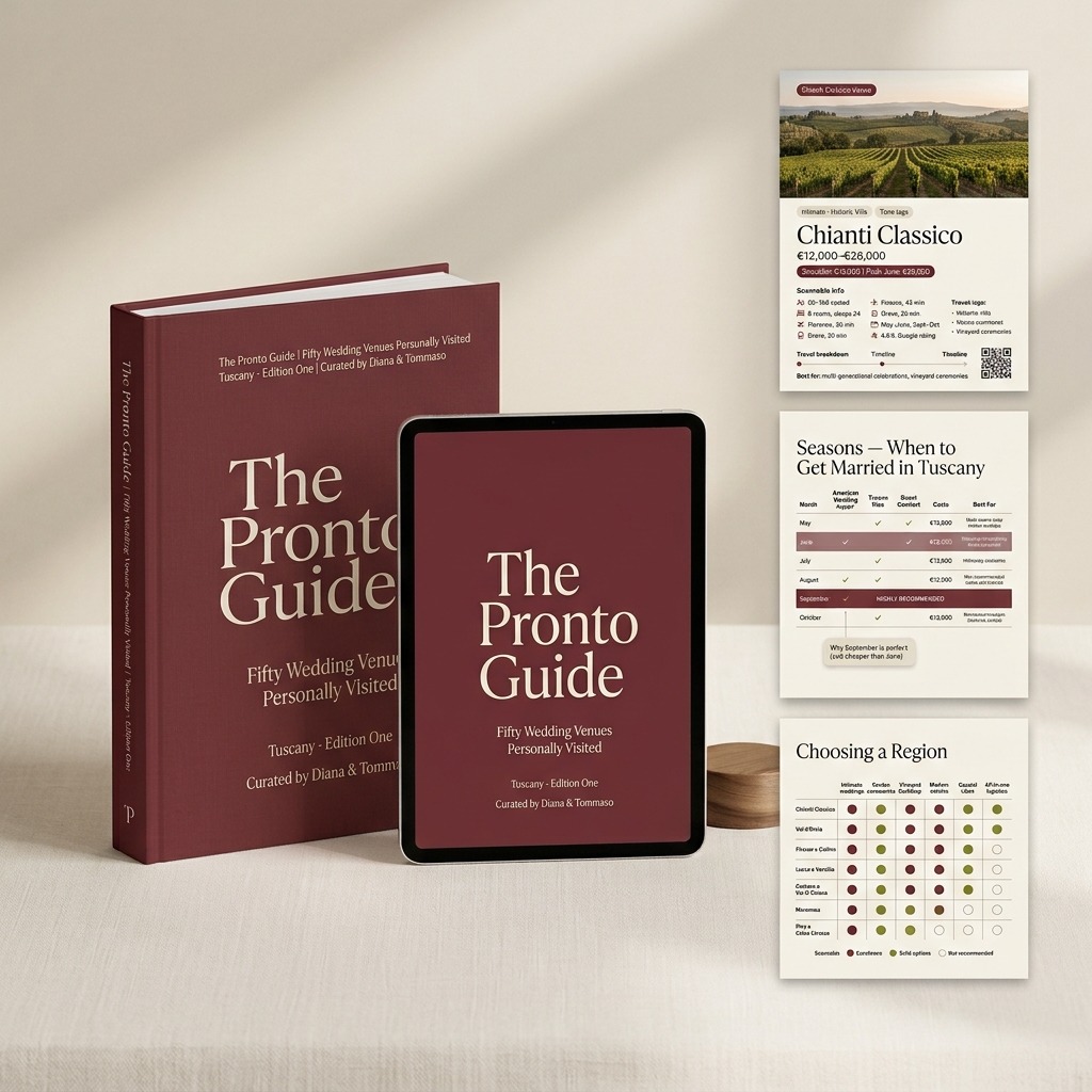 The Pronto Guide book and digital edition with sample pages: venue card, seasons table and region matrix