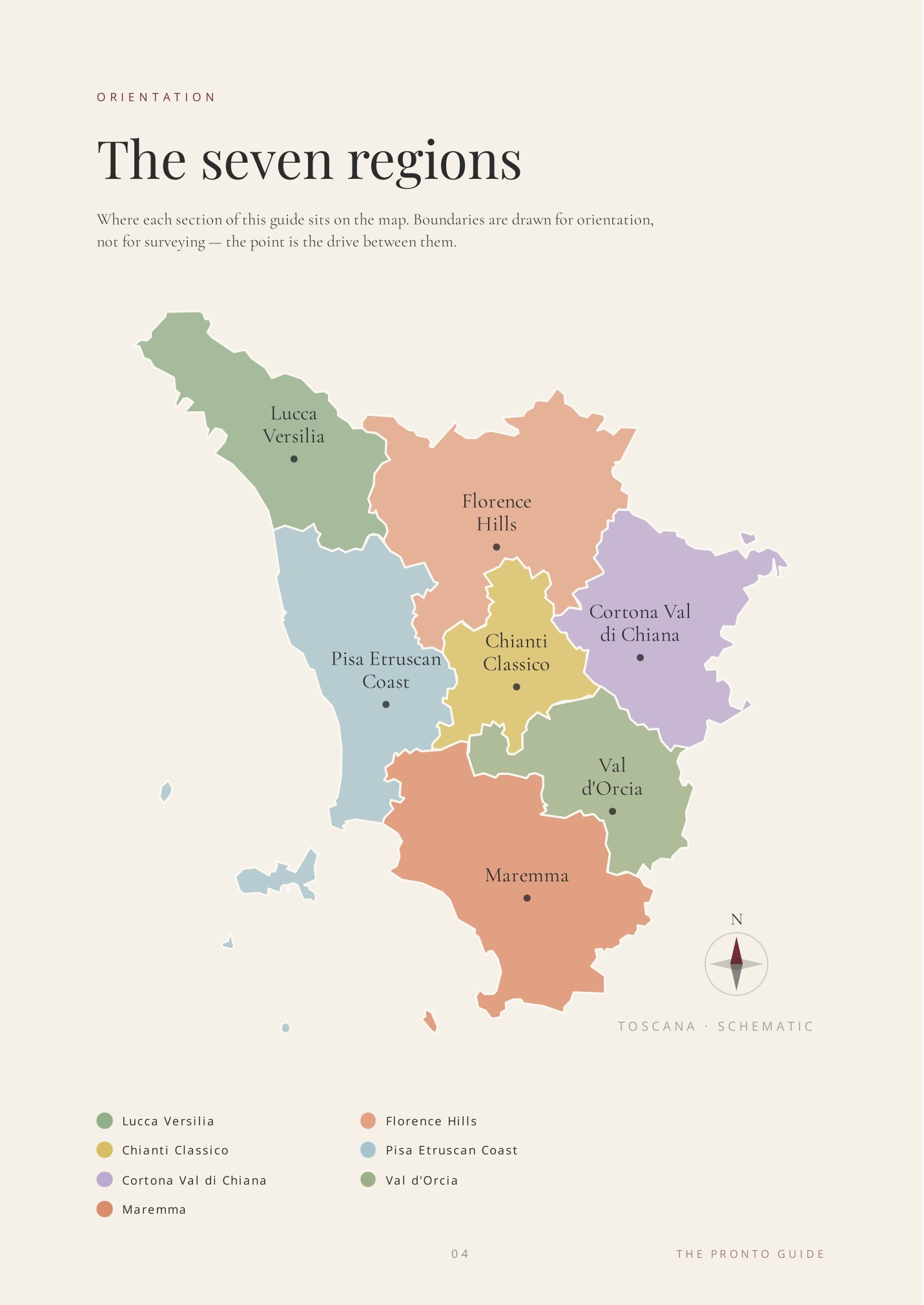 Real page from the guide: schematic map of Tuscany with the seven wedding regions color coded