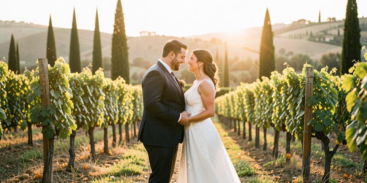 Couple in a Tuscan vineyard at golden hour, embracing