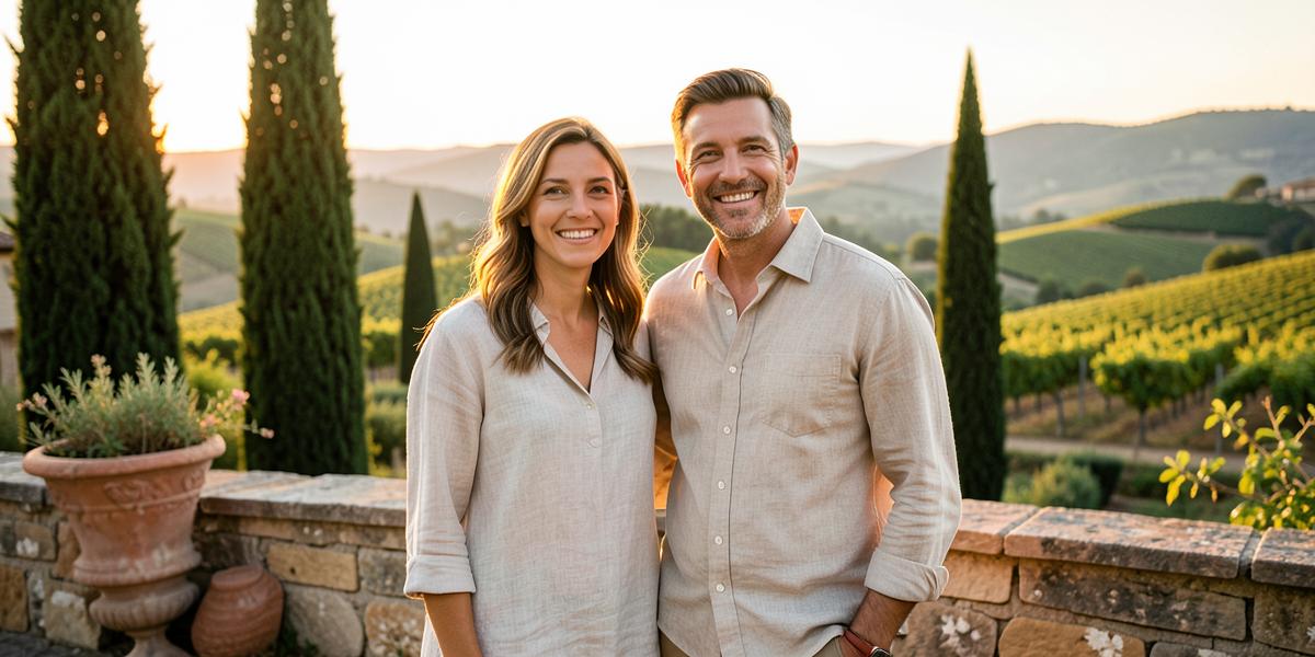 Diana and Tommaso, the curators of The Pronto Guide, on a Tuscan villa terrace