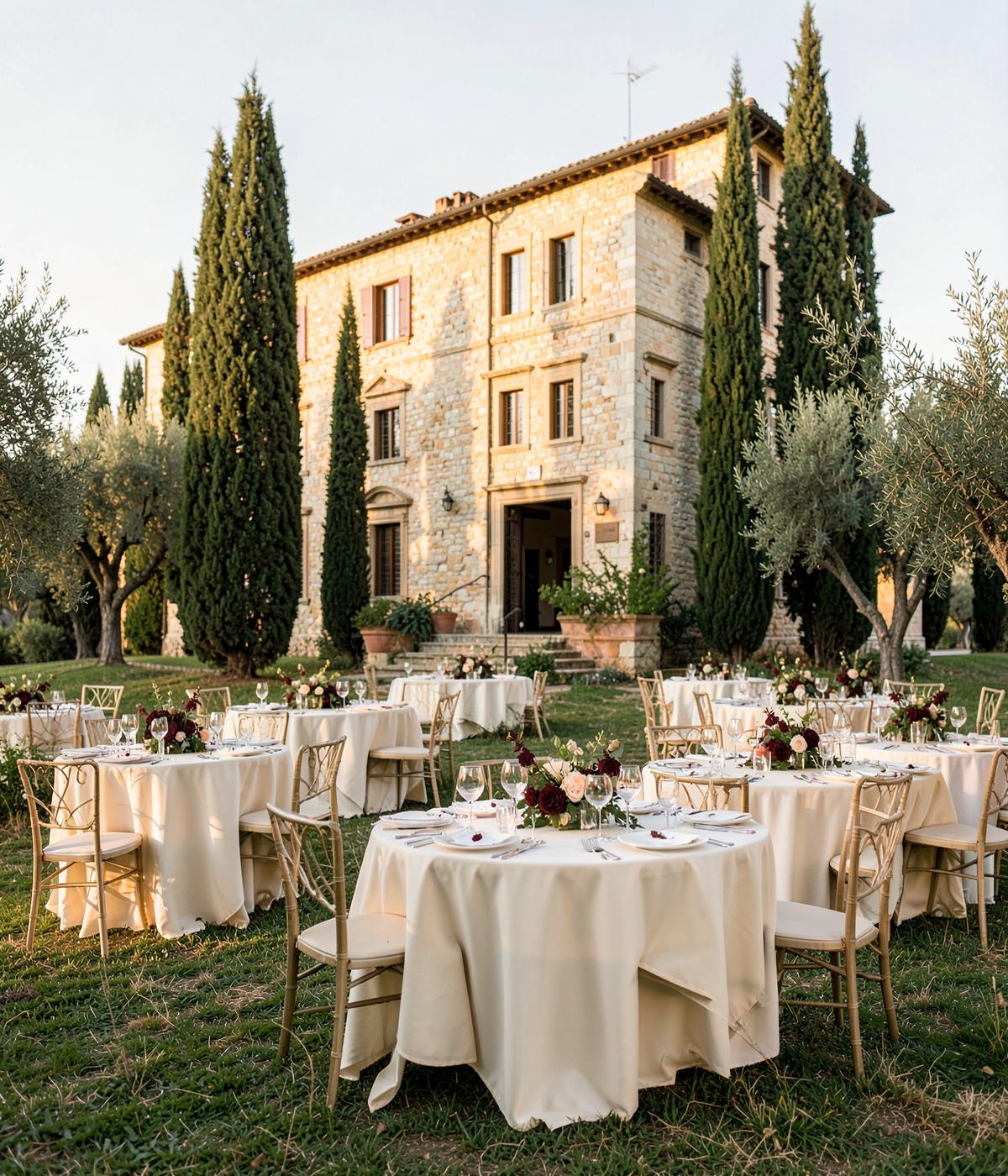 Tuscan stone villa at sunset with an outdoor reception set up on the lawn